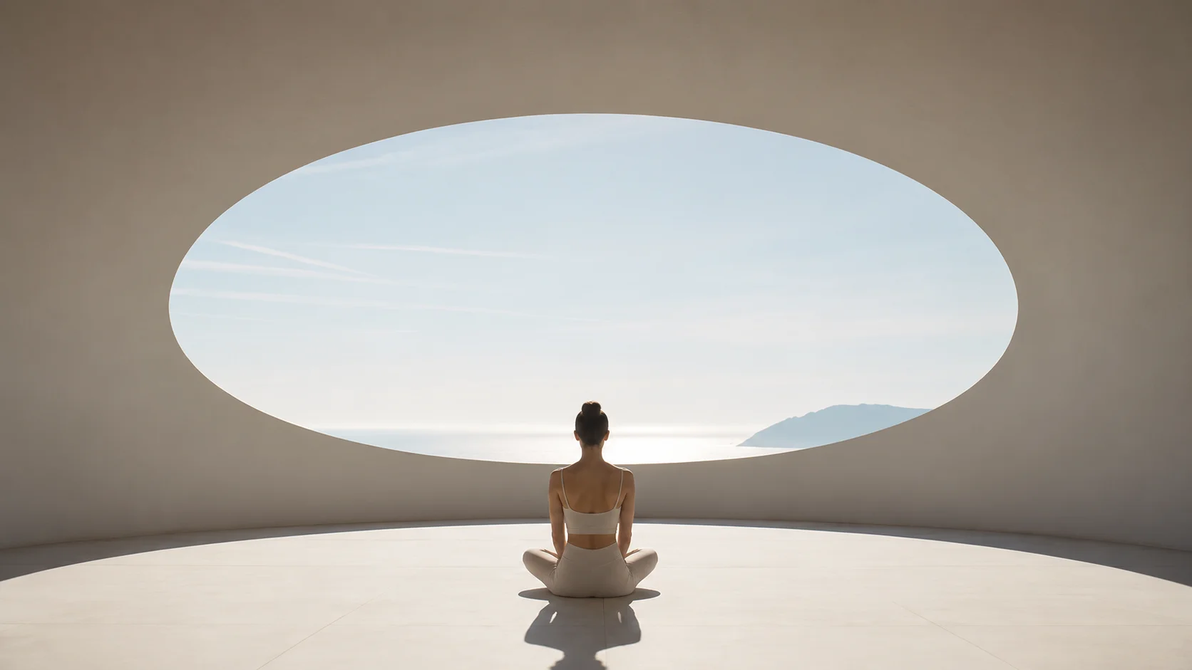 Person meditating in a bright minimal studio with an oval opening to the sea